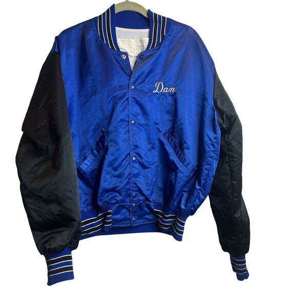 DeLong Sports Satin Bomber Jacket Lg DAN Blue Black Soccer NJ State Select 1986 - Picture 1 of 9